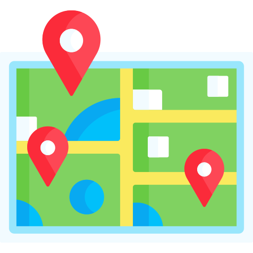 A map with three red pins on it.
