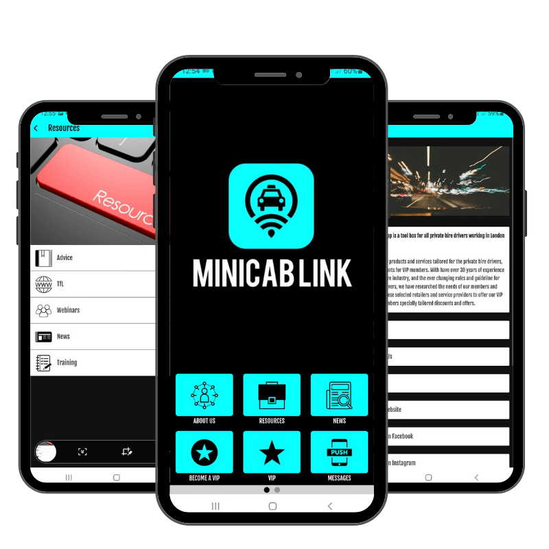 Three phones with the minicab link app on them.