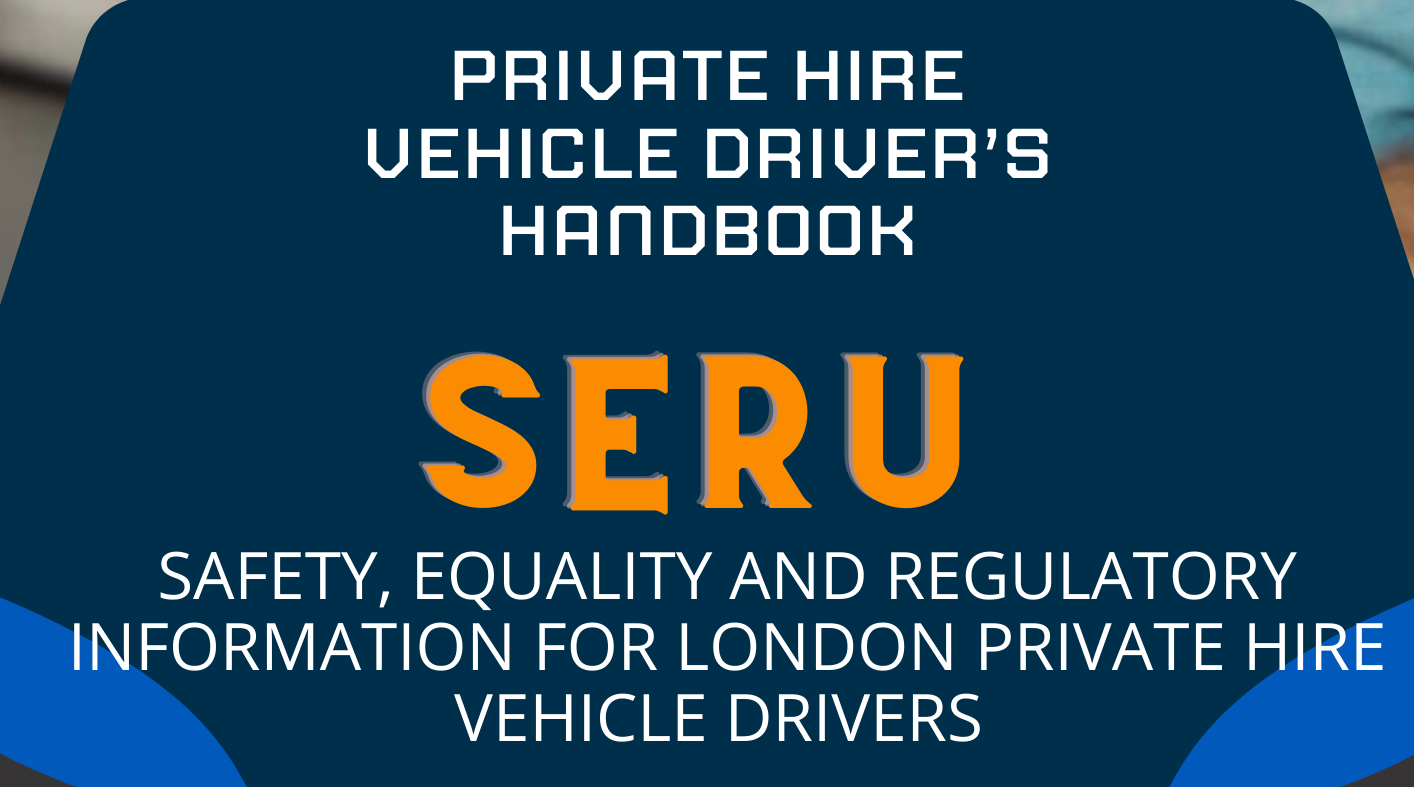 A blue sign that says private hire vehicle driver 's handbook seru