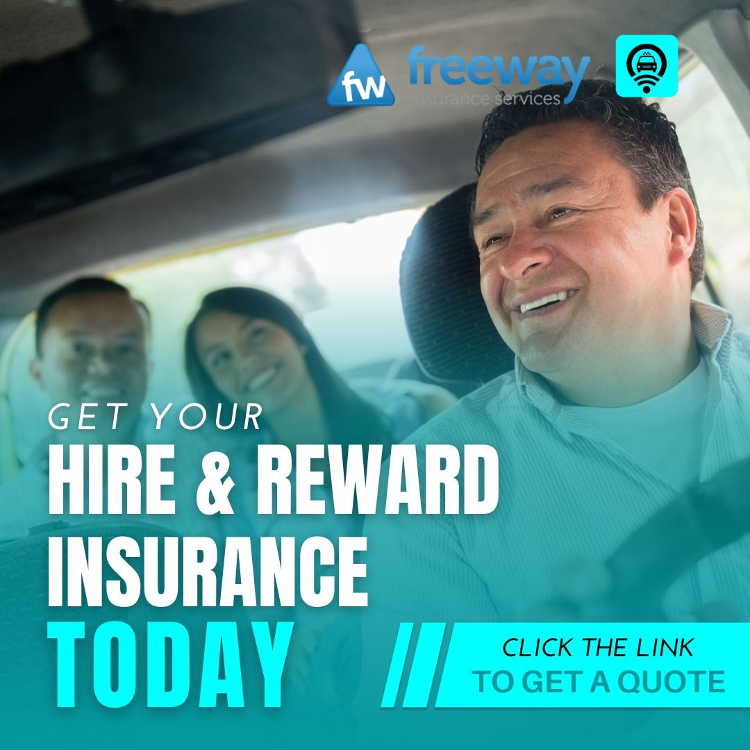 An advertisement for hire and reward insurance with a man in a car