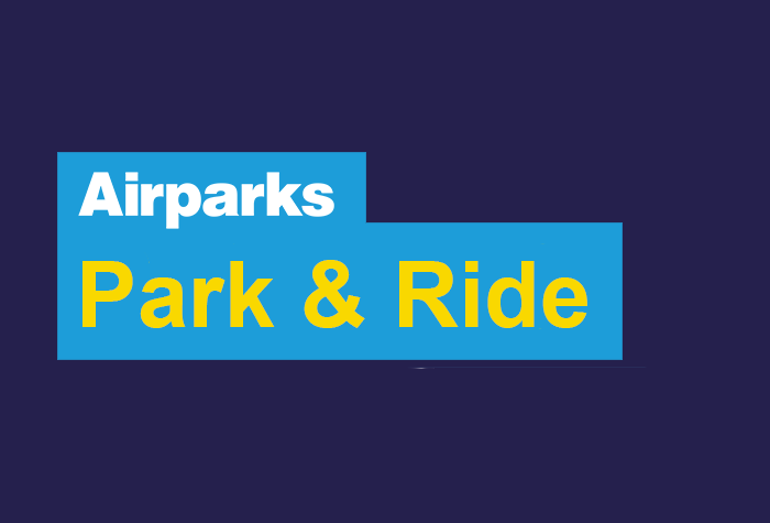 A blue and yellow sign that says airparks park & ride