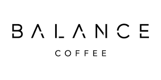 A black and white logo for balance coffee on a white background.
