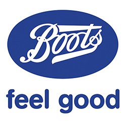 A blue and white logo for boots that says feel good