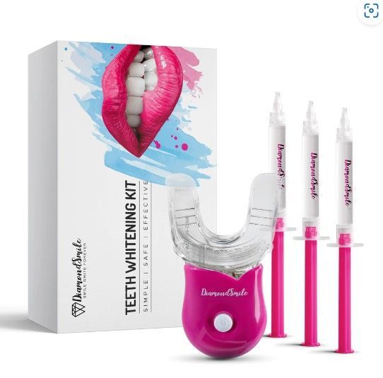 A teeth whitening kit with a picture of a woman 's mouth