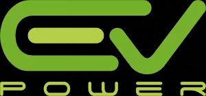 A green and yellow logo for ev power on a black background