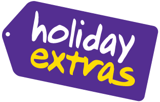 A purple tag that says holiday extras on it