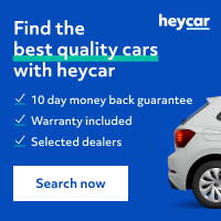 A white car is on a blue background with the words find the best quality cars with heycar