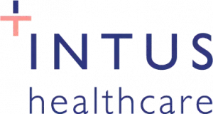 The logo for intus healthcare is blue and red.
