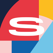 A white letter s is on a colorful background.