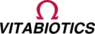 A logo for vitabiotics with a red omega symbol