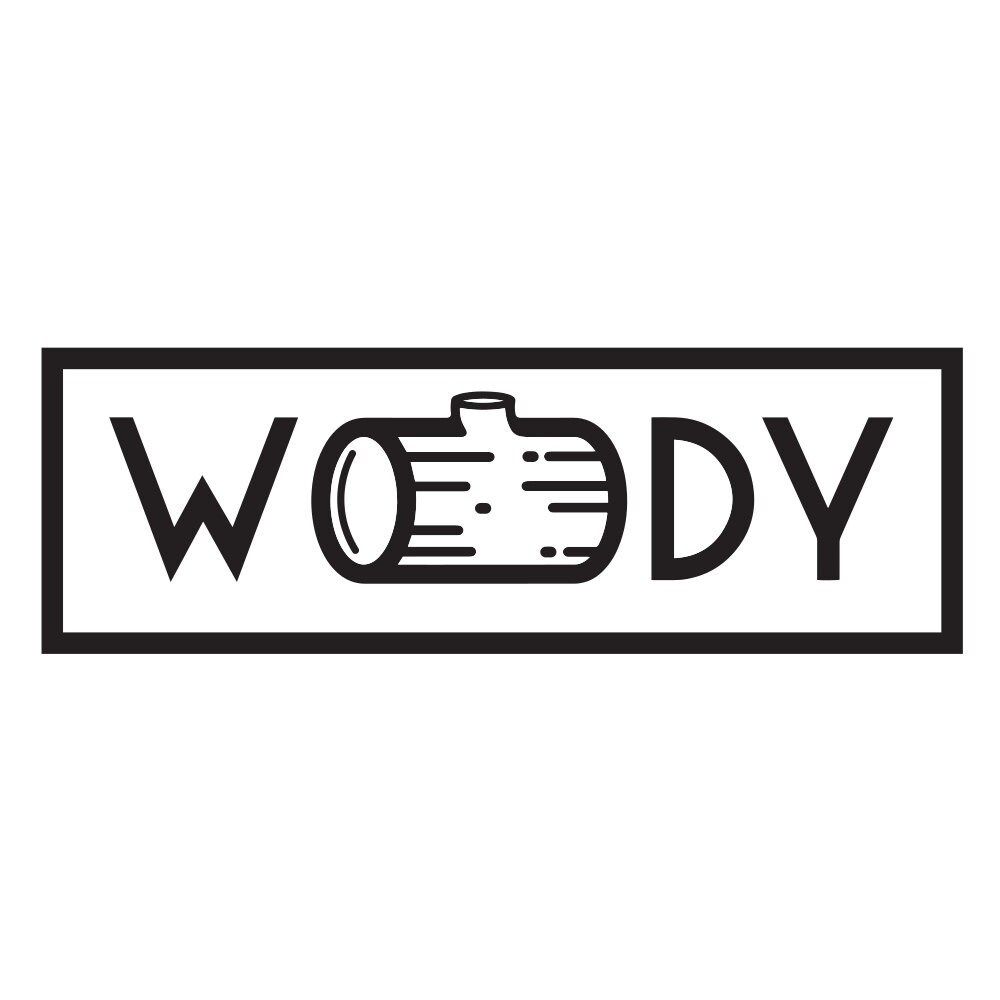 A black and white logo for a company called woody.