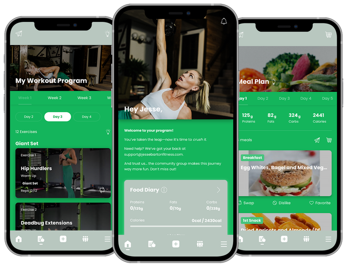 Jesse Barton Fitness mobile phone screens displaying fitness app interfaces with green accents and workout information.