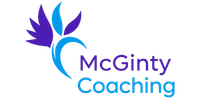 Logo for McGinty Coaching with a purple floral design and blue text.