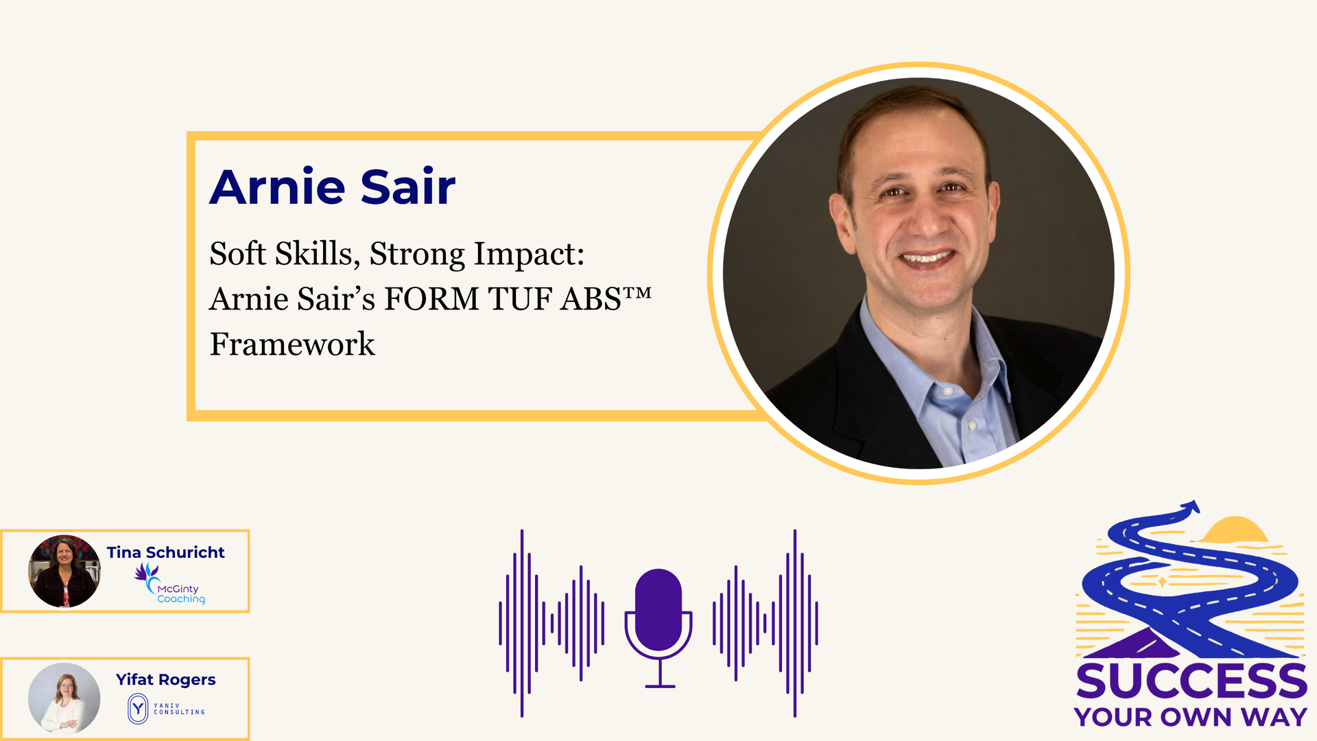 Arnie Sair speaker promo with headshot, purple waveform, and Success logo on a cream background