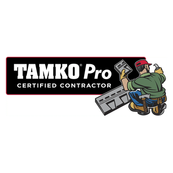 TAMKO Pro Certified Contractor logo with a roofer carrying shingles and tools