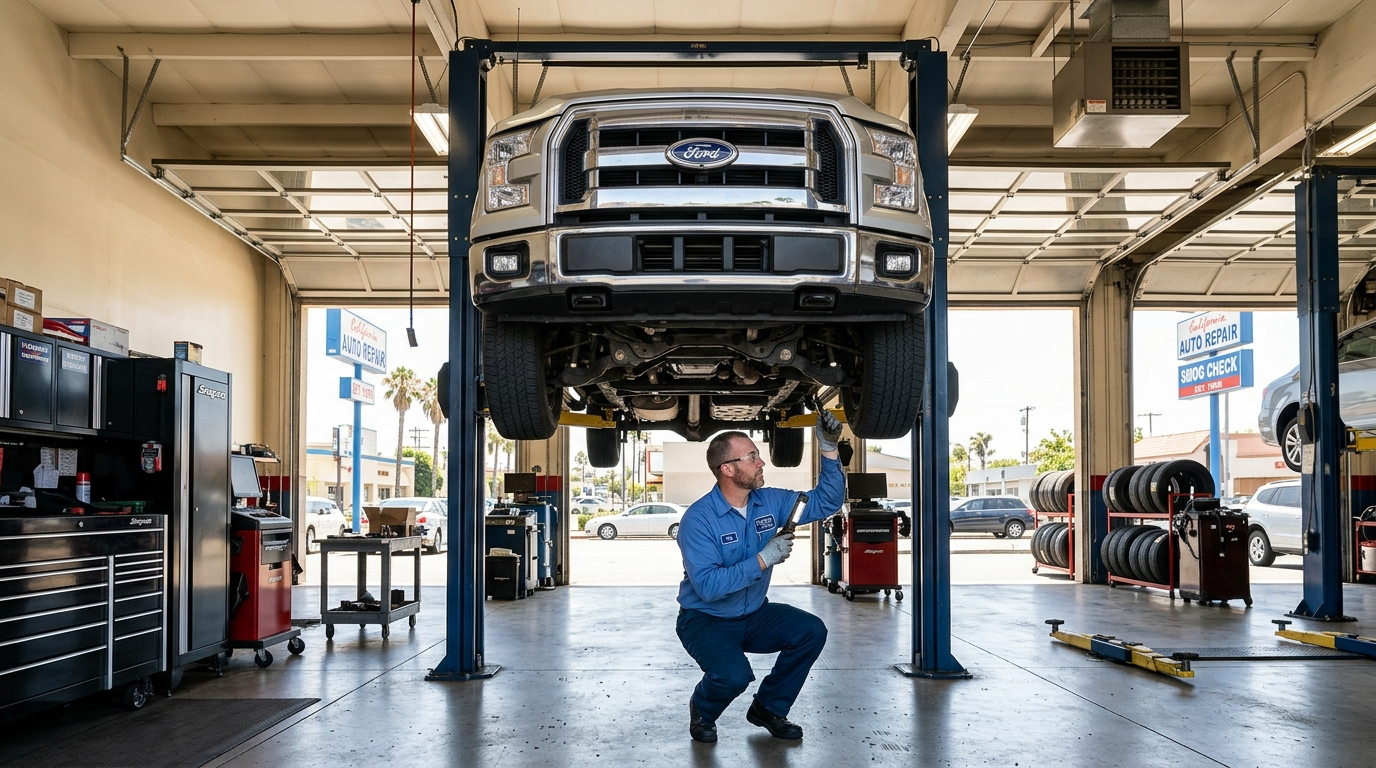 Auto technician in a California repair shop inspecting the underside of a lifted vehicle with tools on a pegboard wall