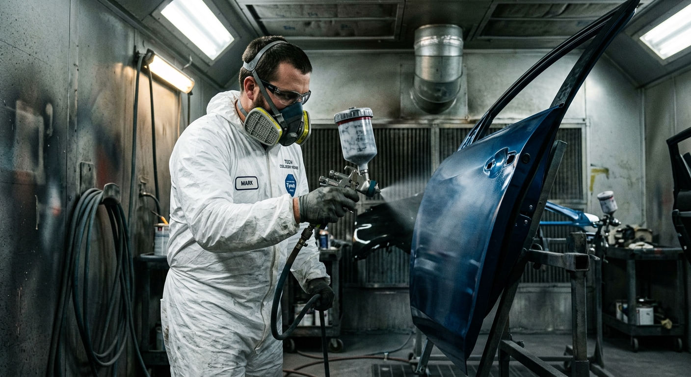 Auto body technician in safety gear buffing a repaired car panel inside a California collision repair shop