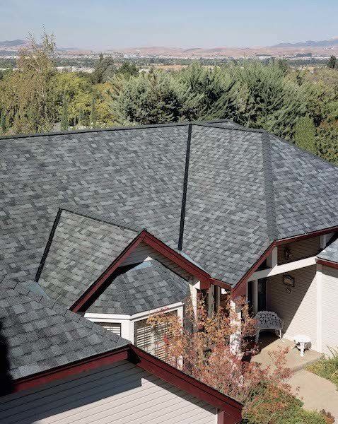 Architectural Asphalt Shingle Residential Roof, Landmark Colonial Slate algae resistant new shingle roof with Red trim