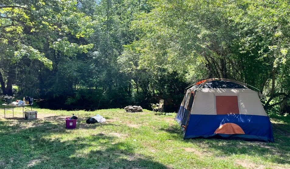 A tent is sitting in the middle of a grassy field.