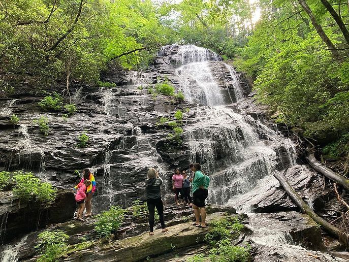 A group of people are standing in front of a waterfall in the woods.