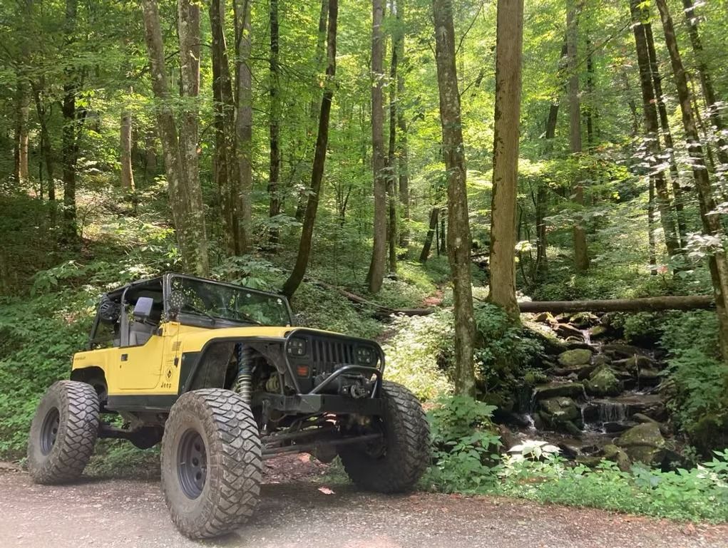 A yellow jeep is parked on the side of a dirt road in the woods.