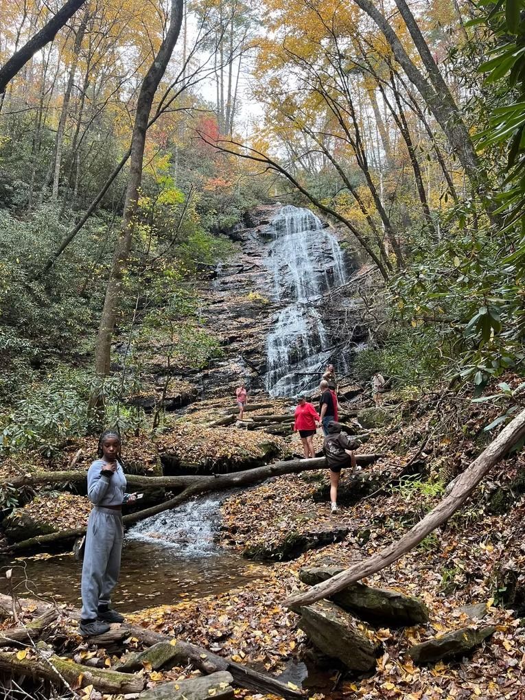 A group of people are standing in front of a waterfall in the woods.