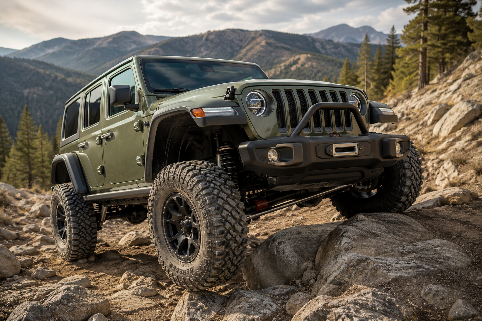 Lifted green Jeep Wrangler crawling over rocks on a mountain trail with forested peaks in the background