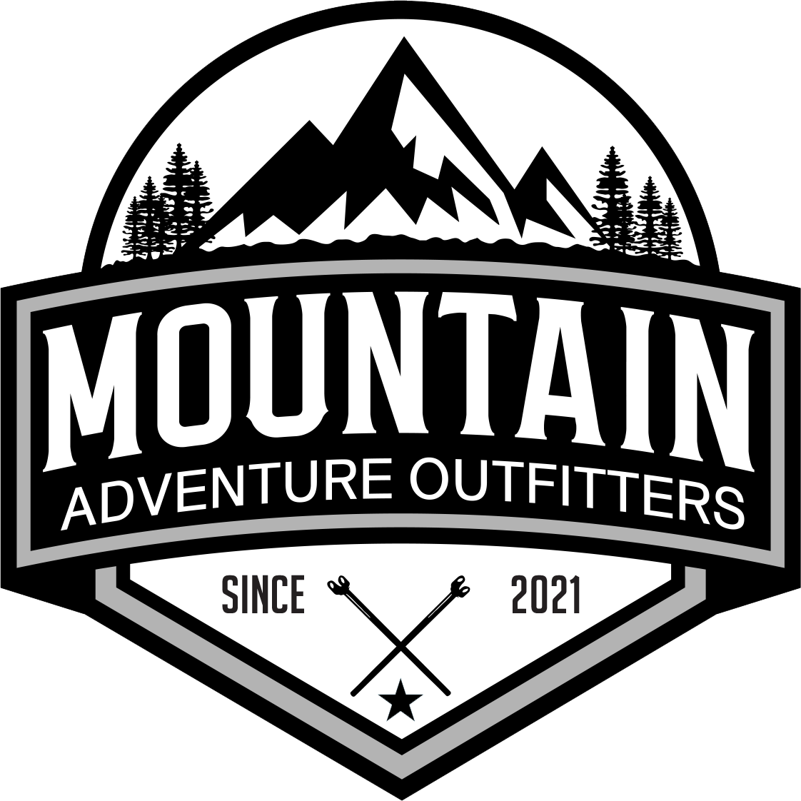 A black and white logo for mountain adventure outfitters.