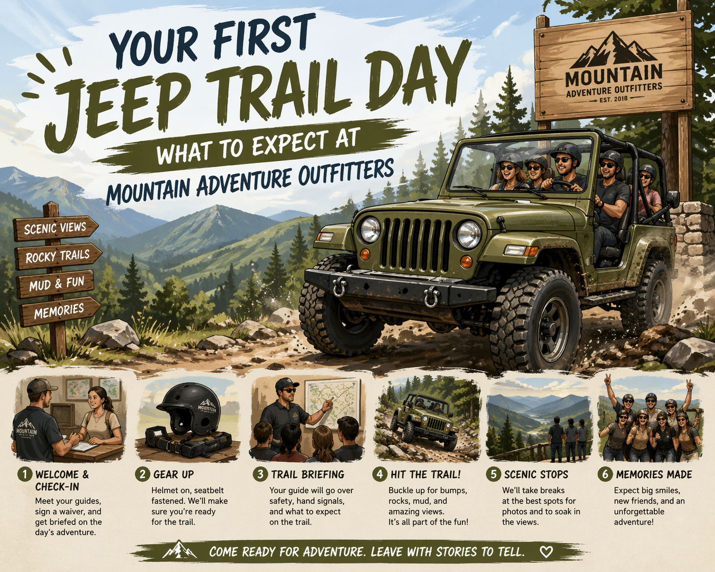 Infographic for a first Jeep trail day with mountain views and a Jeep on a rugged dirt road