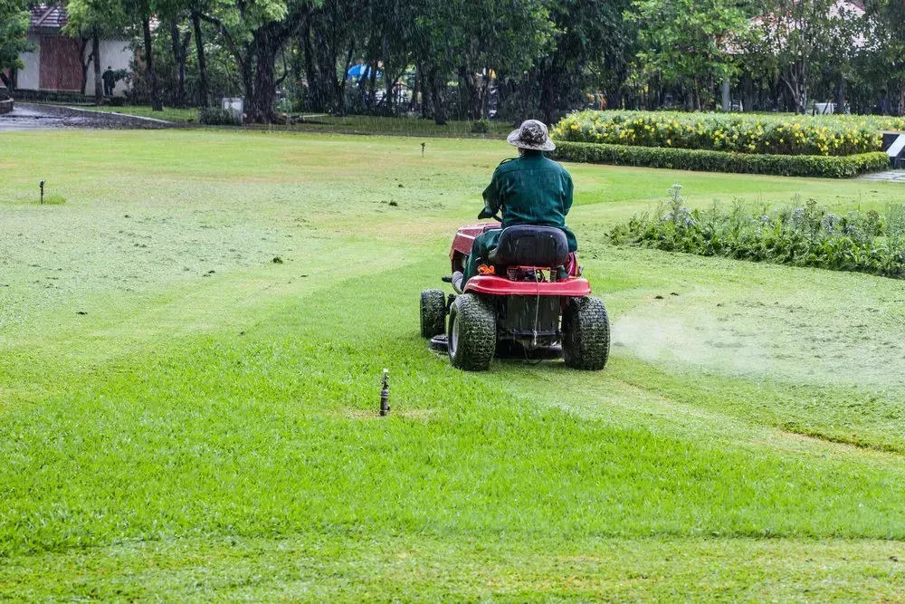 Person in Green Shirt Mows Wet Grass on Red Riding Lawnmower — Garden City Slashing in Highfields, QLD