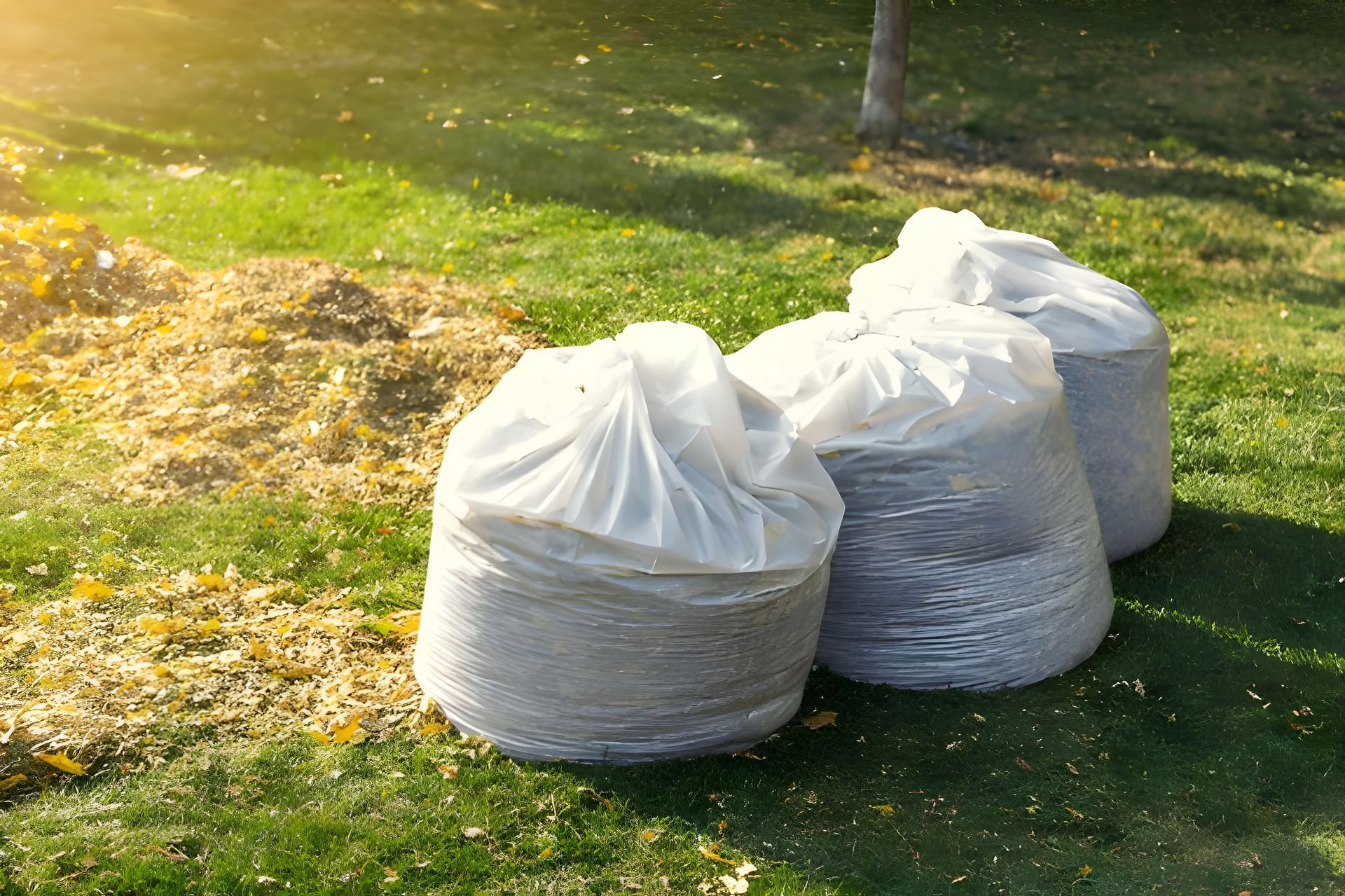Three Large, Gray Yard Waste Bags on a Grassy Lawn — Garden City Slashing in Highfields, QLD