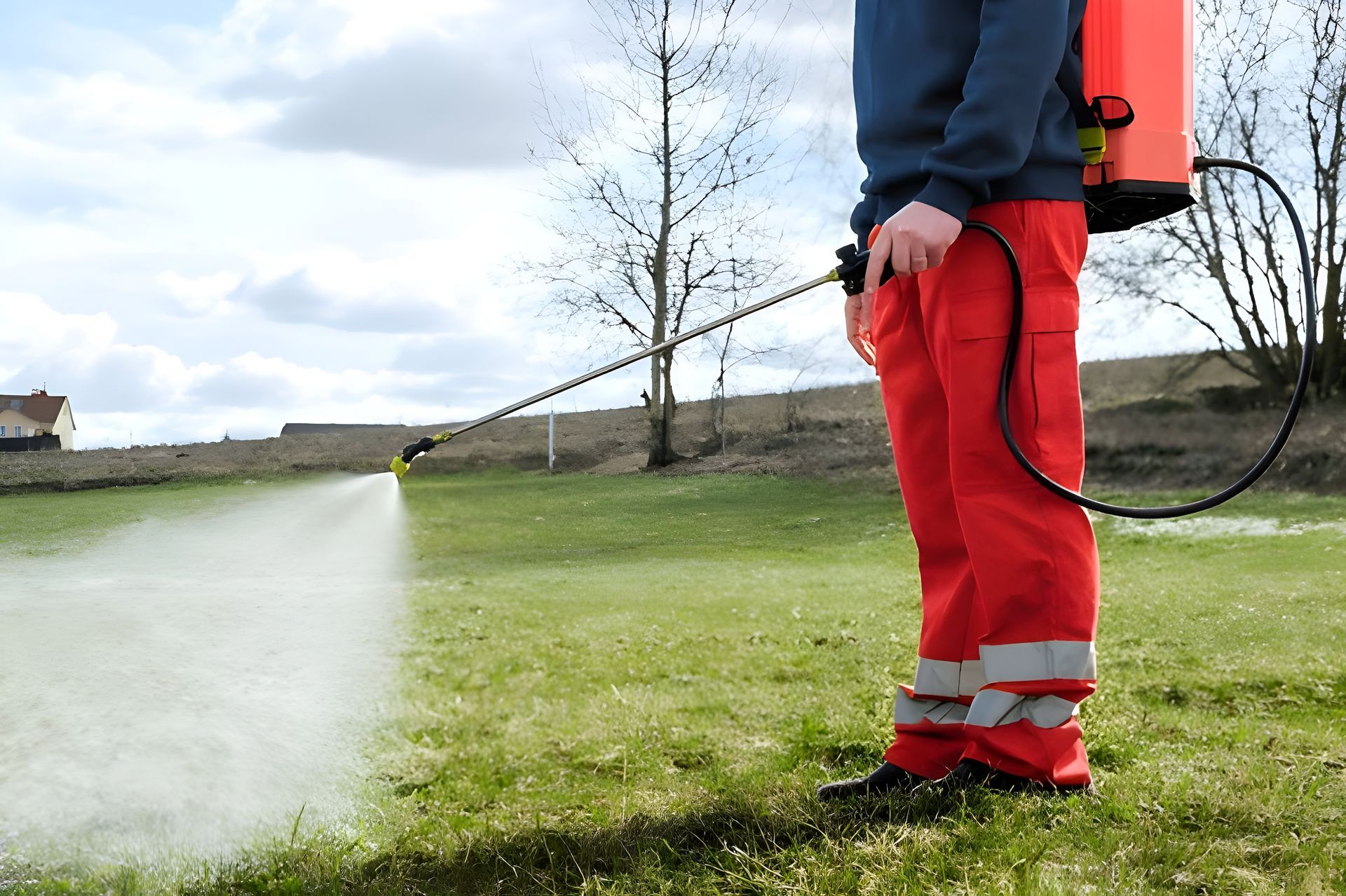 Person in Red Pants Spraying a Field With a Backpack Sprayer — Garden City Slashing in Highfields, QLD