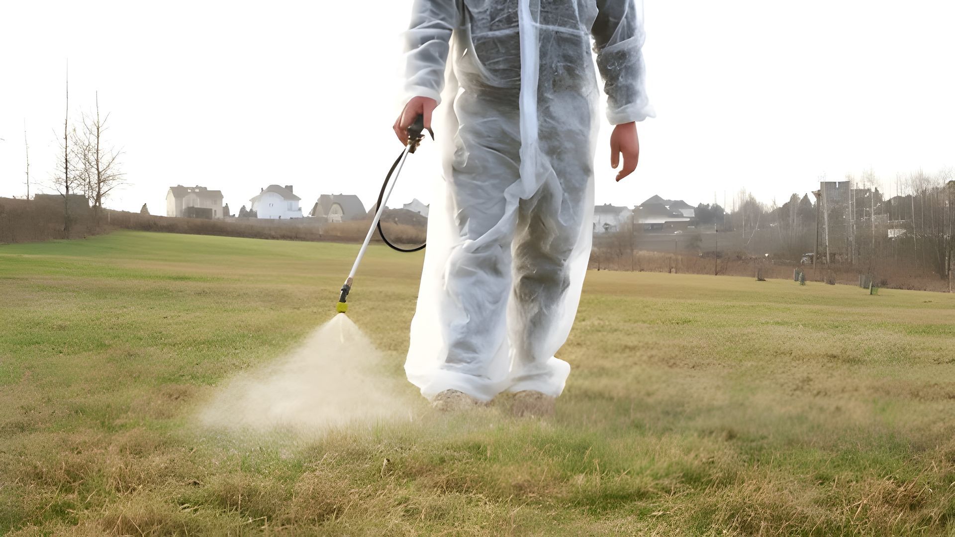 Person in Protective Suit Spraying a Grassy Field With Pesticide — Garden City Slashing in Highfields, QLD