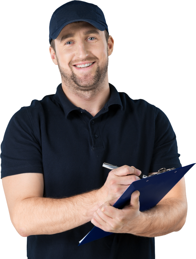 A man in a black shirt is writing on a clipboard