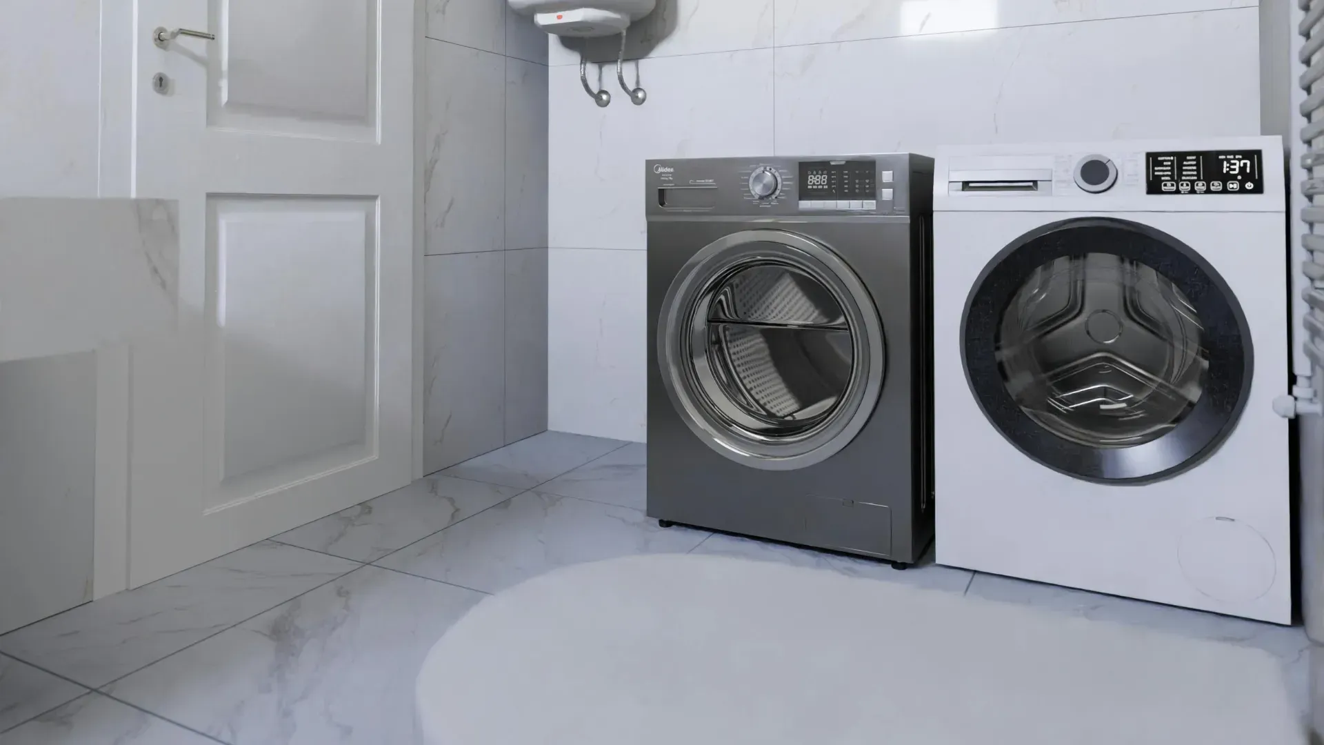 A bathroom with a washing machine and a dryer.