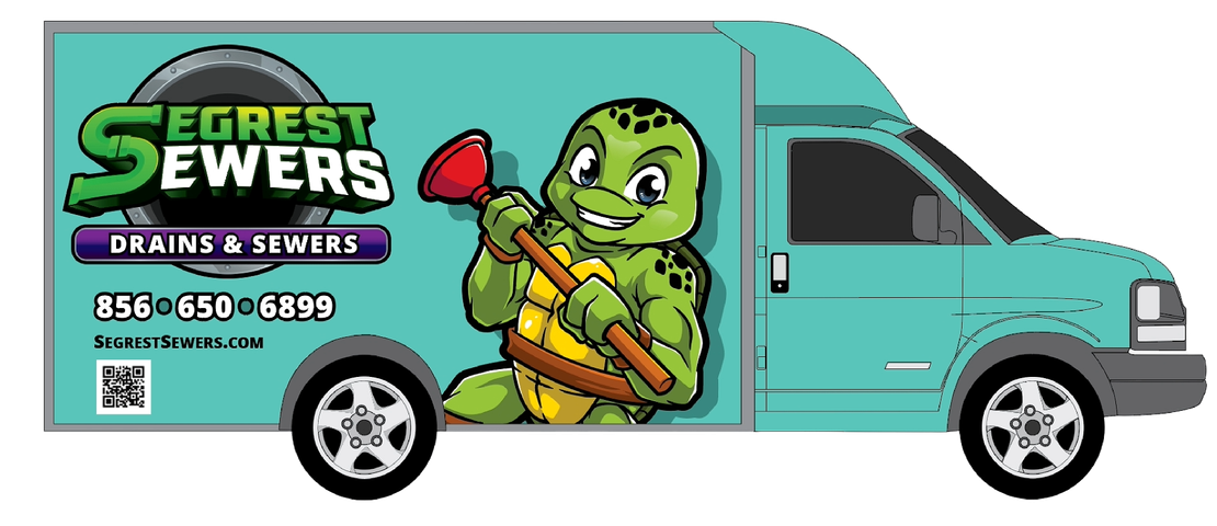 a turtle holding a plunger on the side of a segrest sewers truck