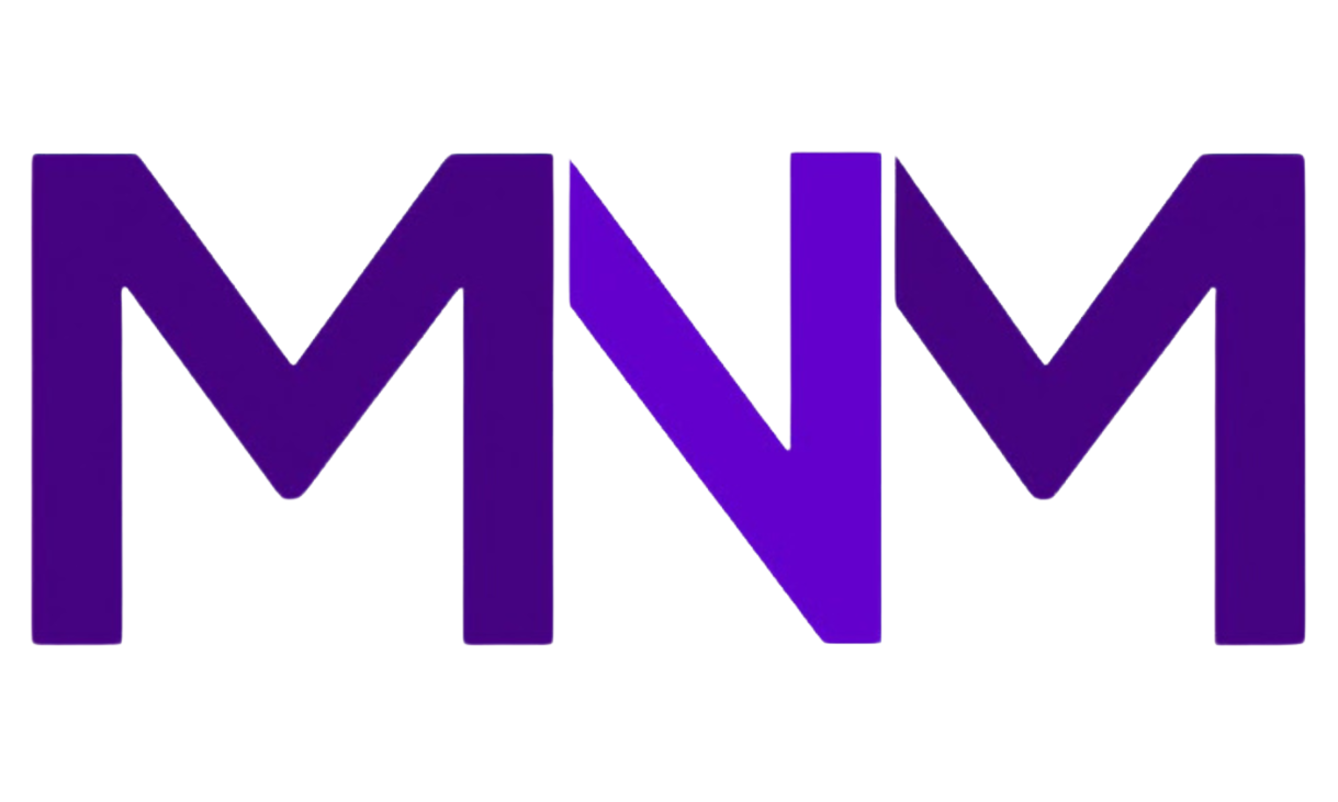 A purple letter m is on a white background.