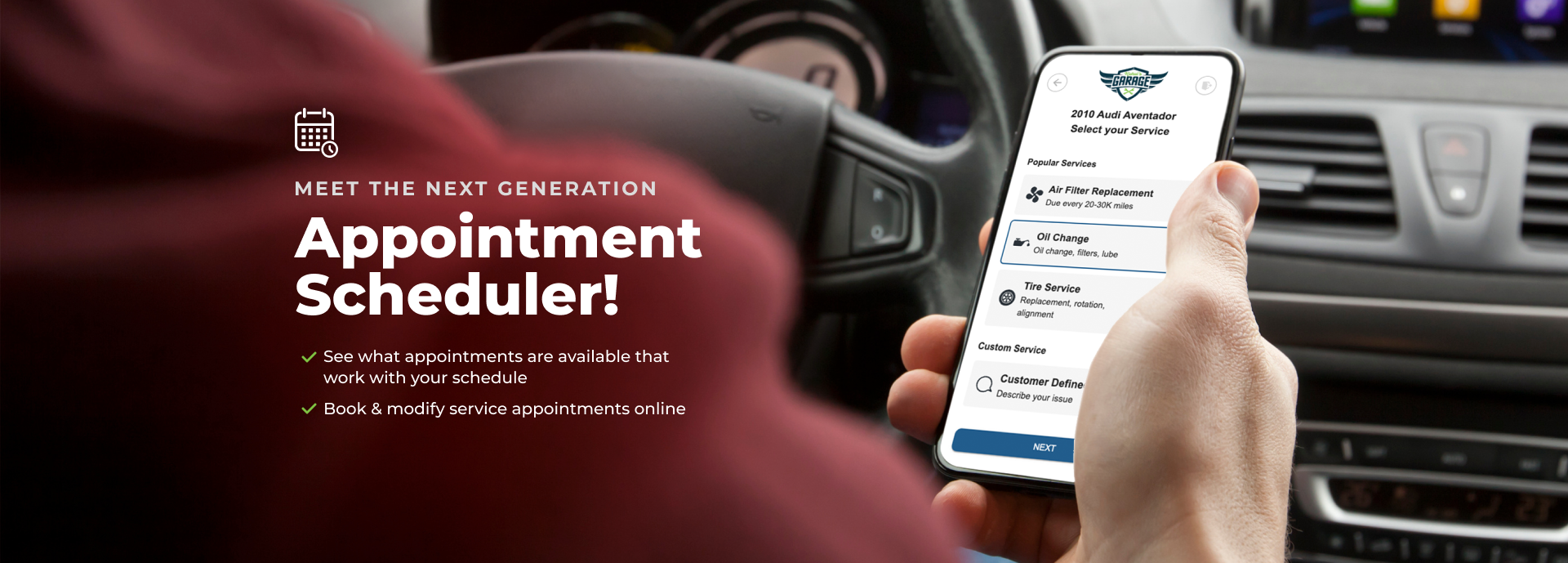 Person in car using phone to make an appointment. Red shirt is visible. Ad states 