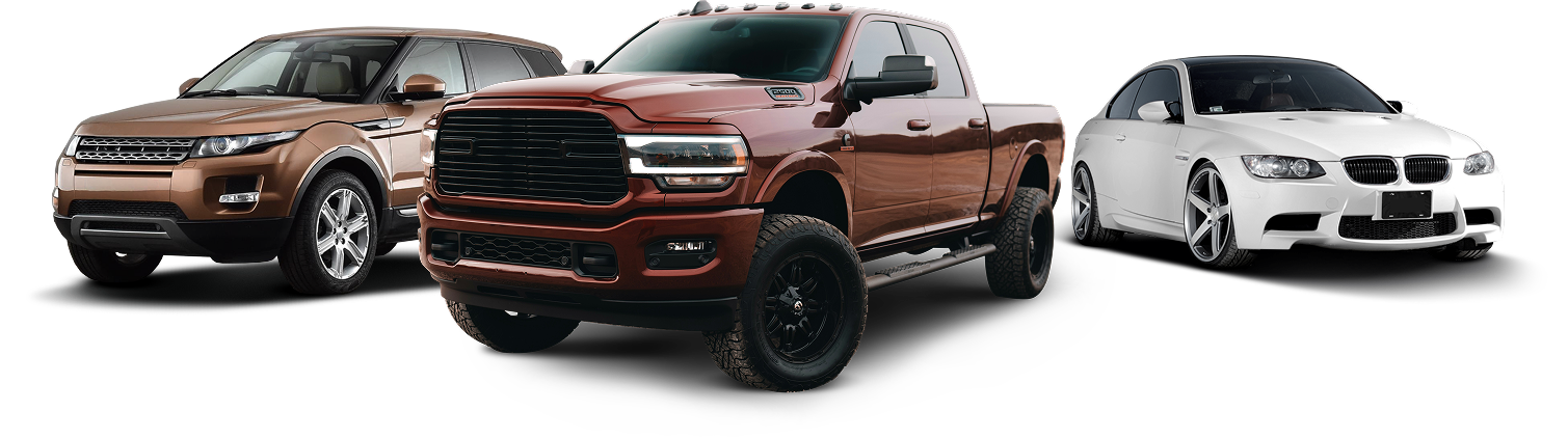 Three cars are parked next to each other on a white background.