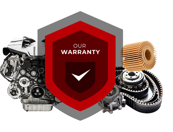 A red shield with the words `` our warranty '' on it