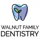 Walnut Family Dentistry logo with a blue tooth and green leaf on a black background