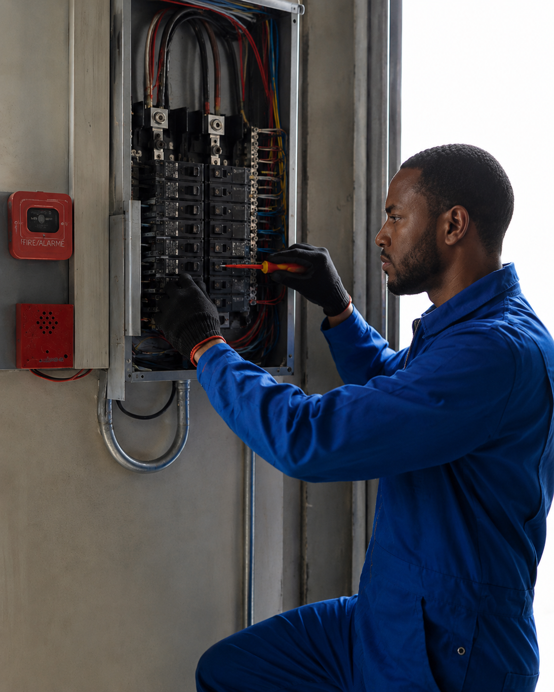 Technician in blue coveralls adjusting wiring in an electrical control panel.