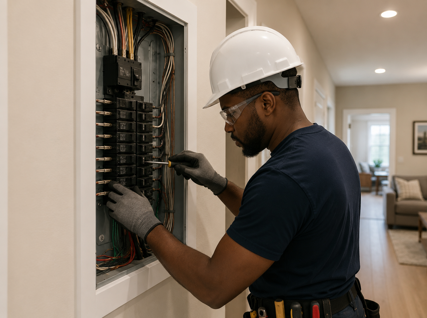 Electrician in hard hat inspecting a breaker panel in a home hallway
