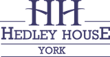 Logo for Hedley House York, dark blue text and graphic, stylized 