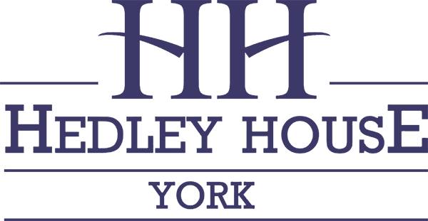 Logo for Hedley House York, dark blue text and graphic, stylized 
