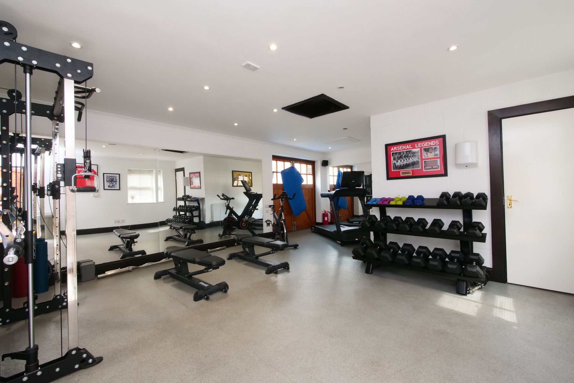 Home gym with workout equipment: weights, treadmill, rowing machine, mirrors, and punching bag.