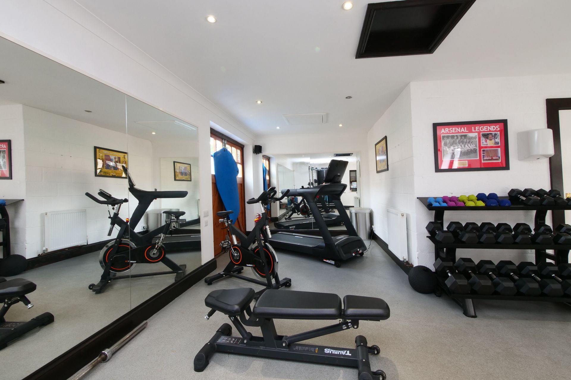 Home gym with exercise equipment: spin bikes, treadmill, weights, and bench.