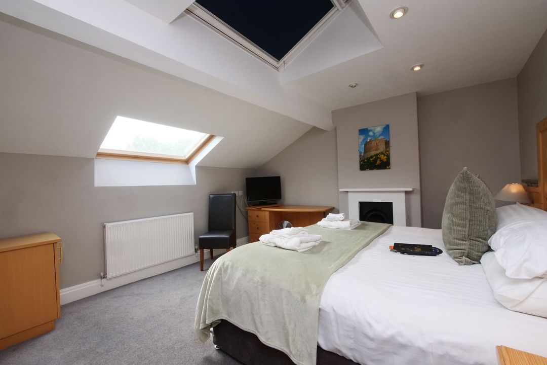 Bedroom with slanted ceilings and skylights, featuring a bed, desk, TV, and a fireplace.
