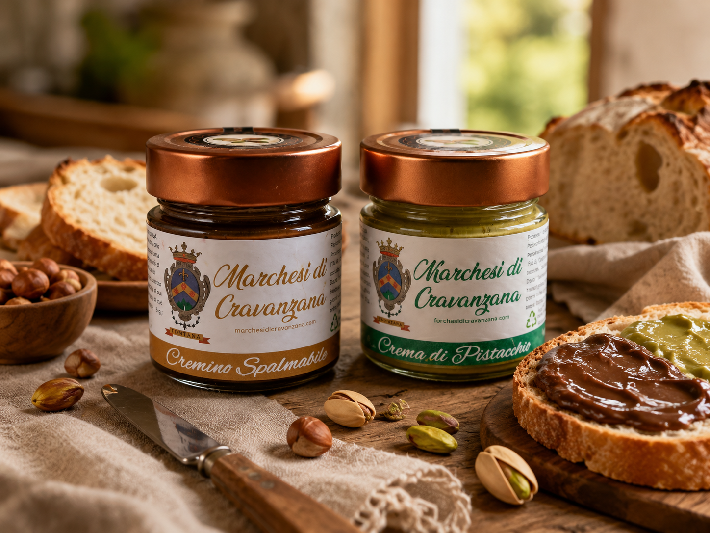 Due vasetti di crema spalmabile al cioccolato e nocciole su un tavolo rustico con fette di pane