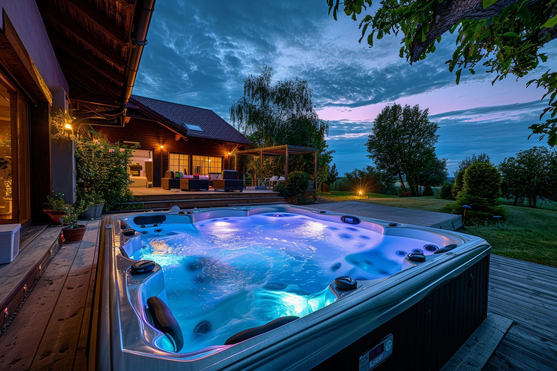 A hot tub is sitting on a deck in front of a house at night.